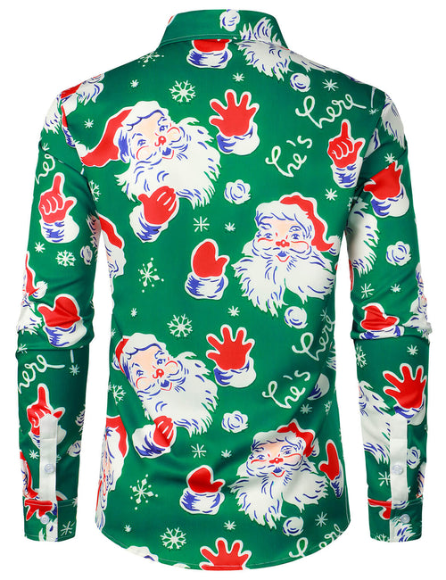 Men's Christmas Themed Santa Claus Snowflake Holiday Button Green Long Sleeve Shirt