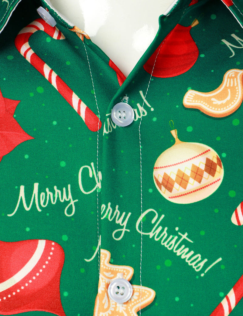 Men's Green Merry Christmas Tree Candy Print Button Long Sleeve Dress Shirt