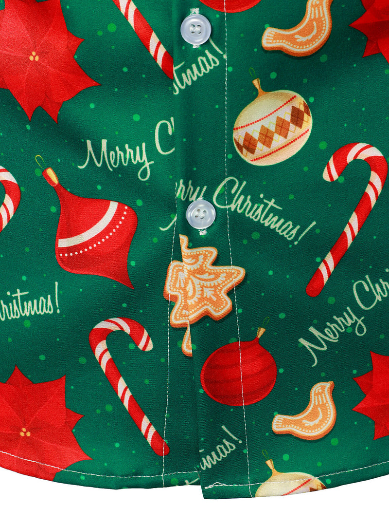 Men's Green Merry Christmas Tree Candy Print Button Long Sleeve Dress Shirt