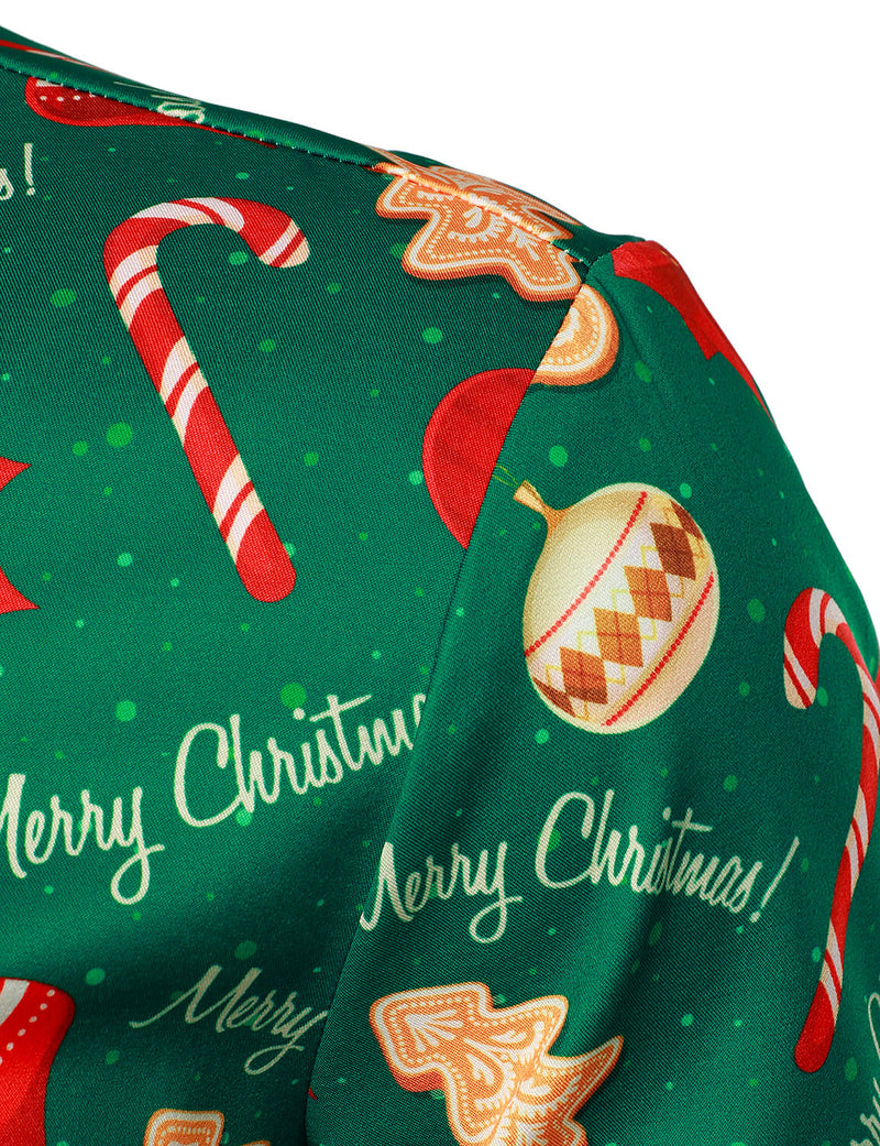 Men's Green Merry Christmas Tree Candy Print Button Long Sleeve Dress Shirt