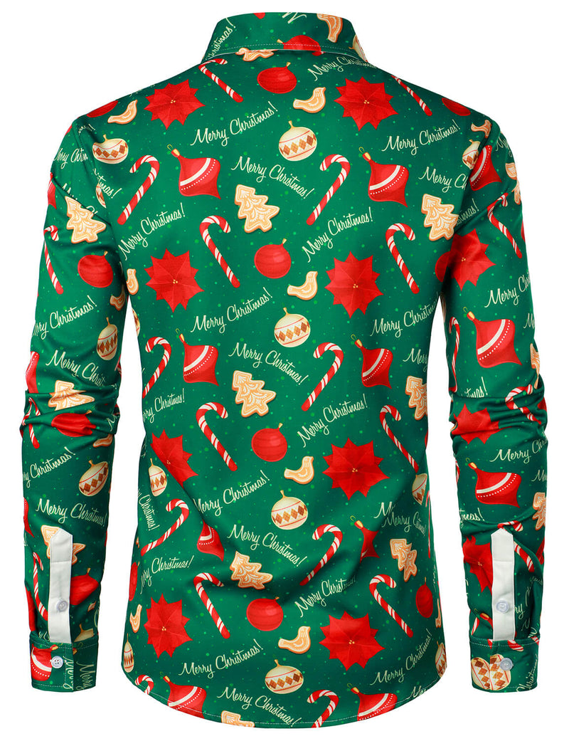Men's Green Merry Christmas Tree Candy Print Button Long Sleeve Dress Shirt