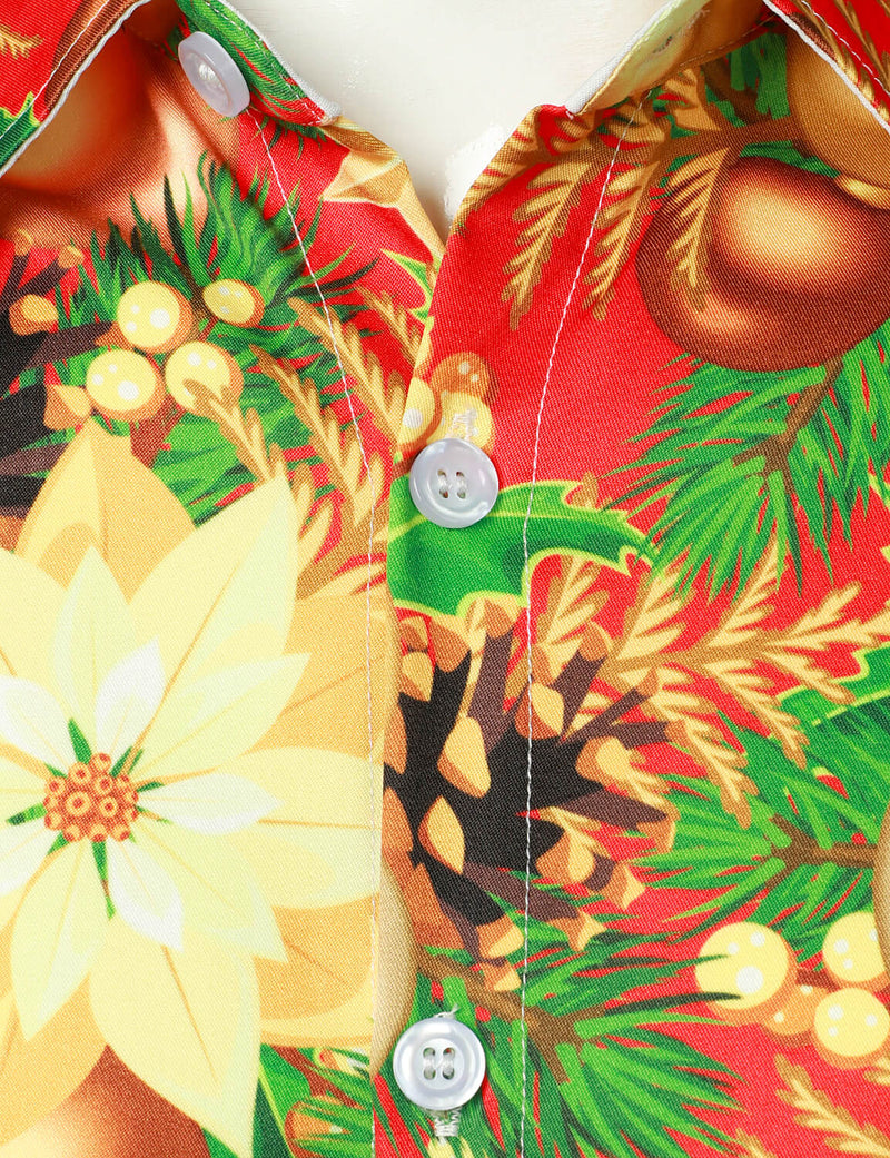 Men's Party Christmas Decoration Floral Print Holiday Shiny Button Long Sleeve Shirt