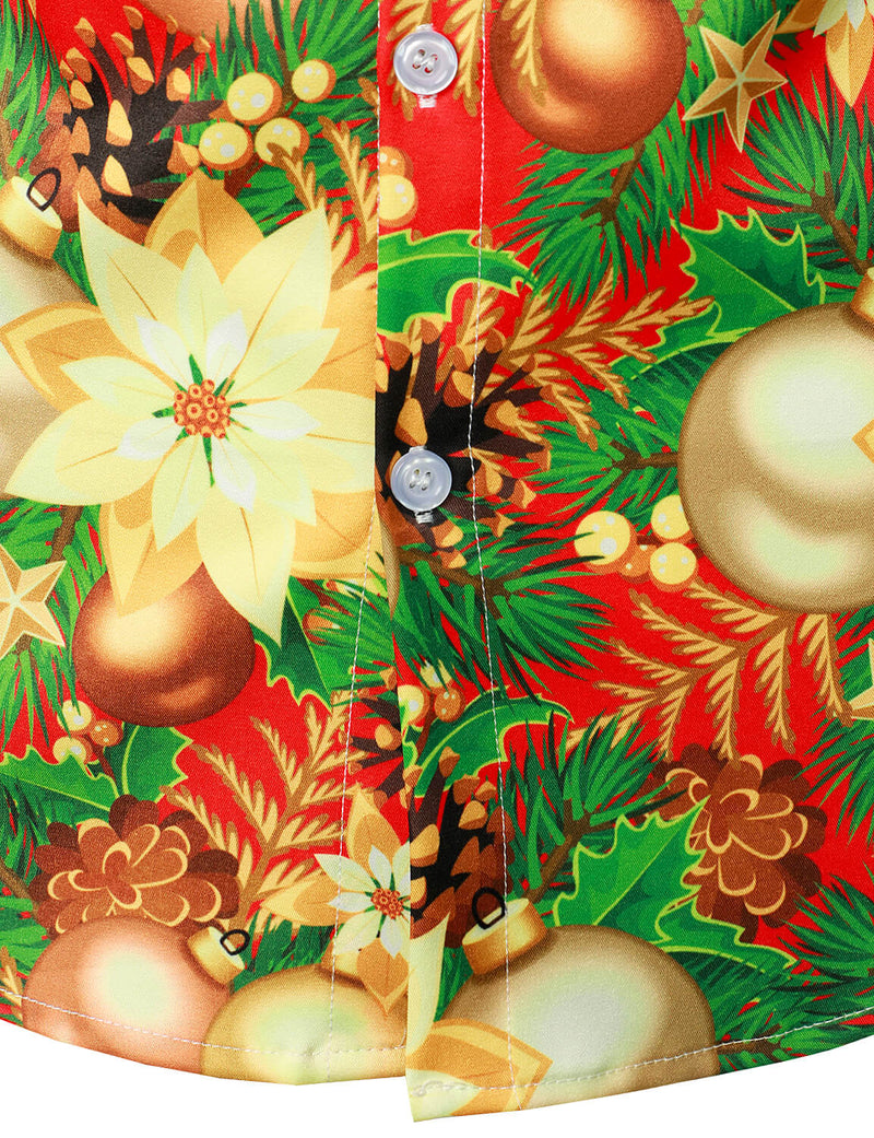 Men's Party Christmas Decoration Floral Print Holiday Shiny Button Long Sleeve Shirt