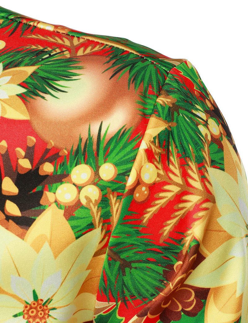 Men's Party Christmas Decoration Floral Print Holiday Shiny Button Long Sleeve Shirt