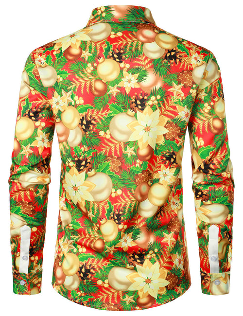 Men's Party Christmas Decoration Floral Print Holiday Shiny Button Long Sleeve Shirt