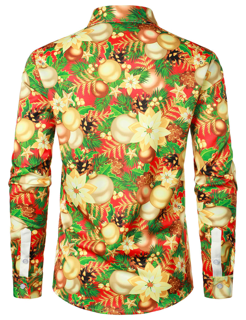 Men's Party Christmas Decoration Floral Print Holiday Shiny Button Long Sleeve Shirt