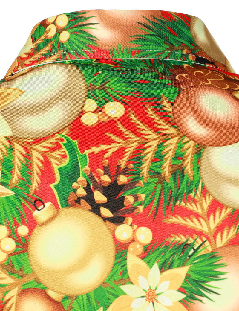 Men's Party Christmas Decoration Floral Print Holiday Shiny Button Long Sleeve Shirt