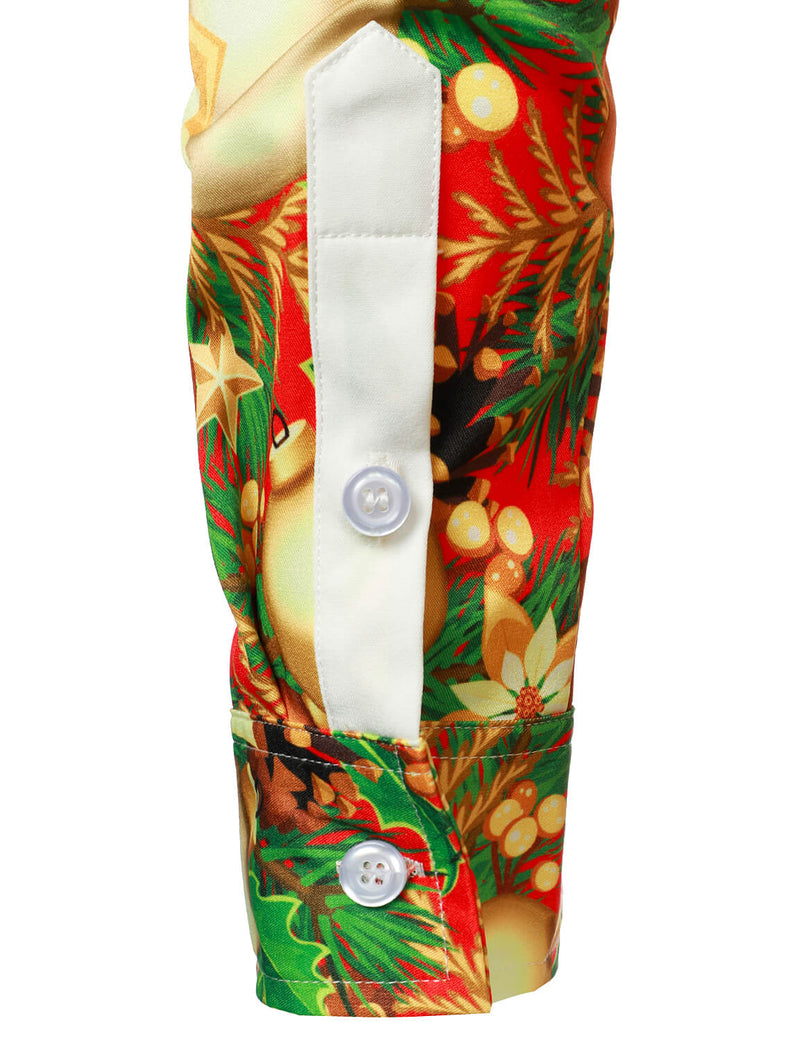 Men's Party Christmas Decoration Floral Print Holiday Shiny Button Long Sleeve Shirt