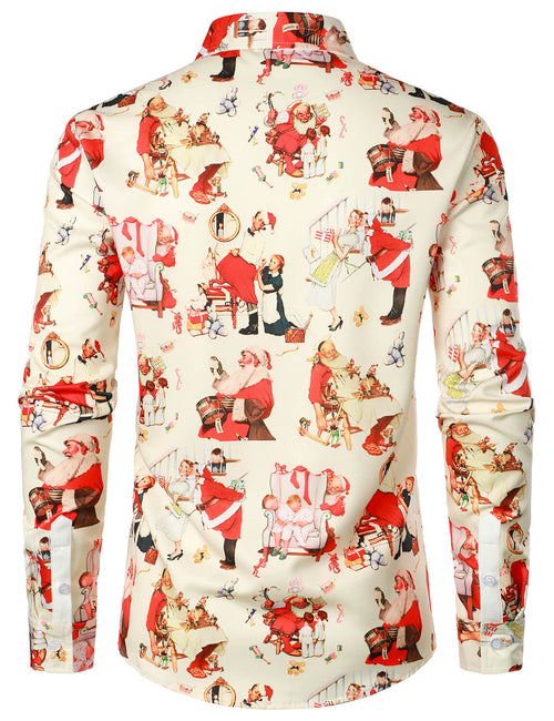 Men's Christmas Santa Claus Gift Holiday Button Up Vintage Long Sleeve Shirt