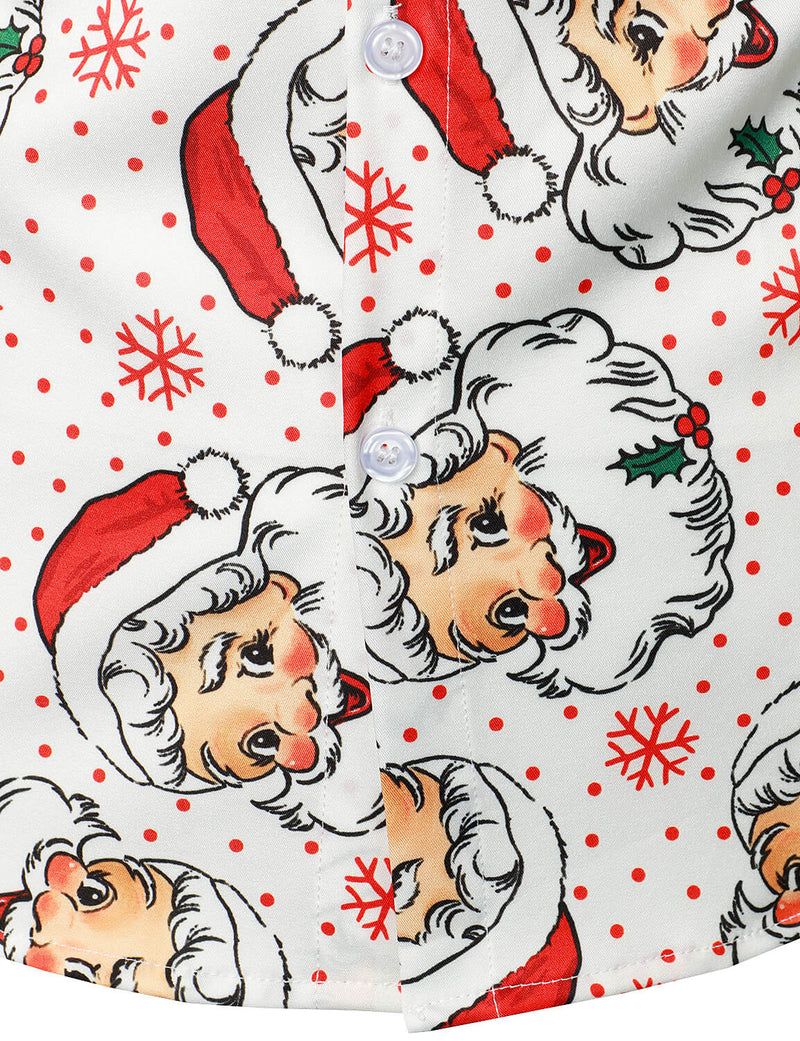 Men's Cute Santa Christmas Print Xmas Party Holiday Button White Long Sleeve Shirt