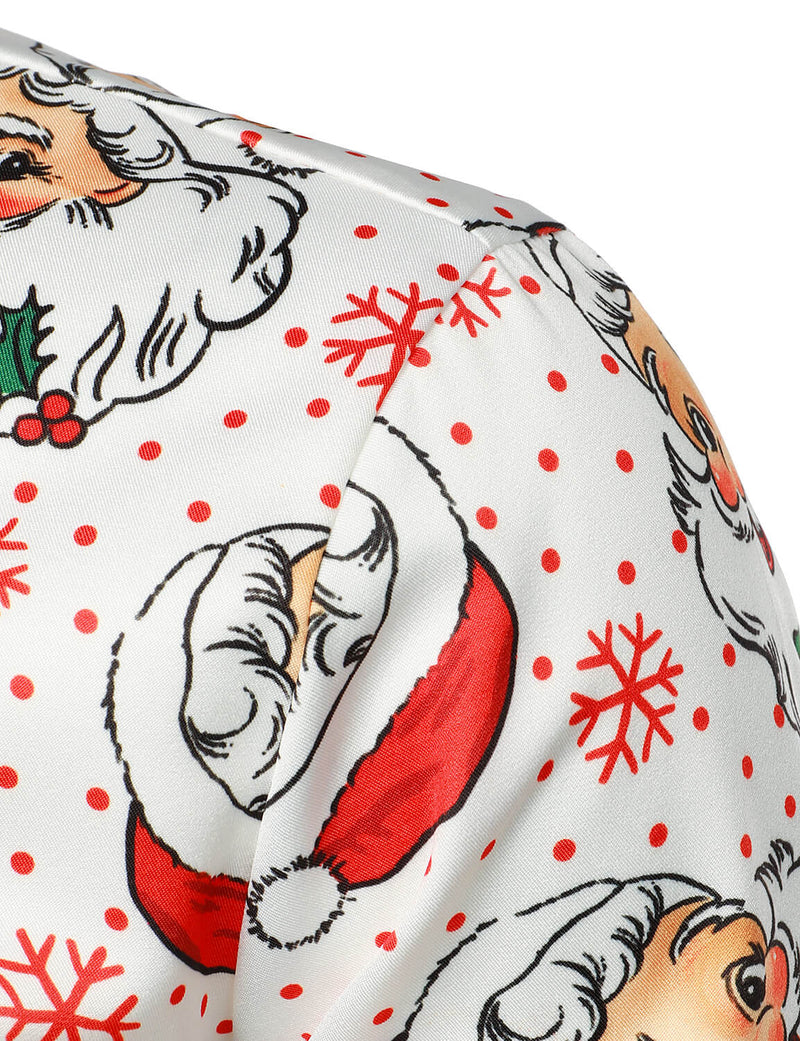 Men's Cute Santa Christmas Print Xmas Party Holiday Button White Long Sleeve Shirt