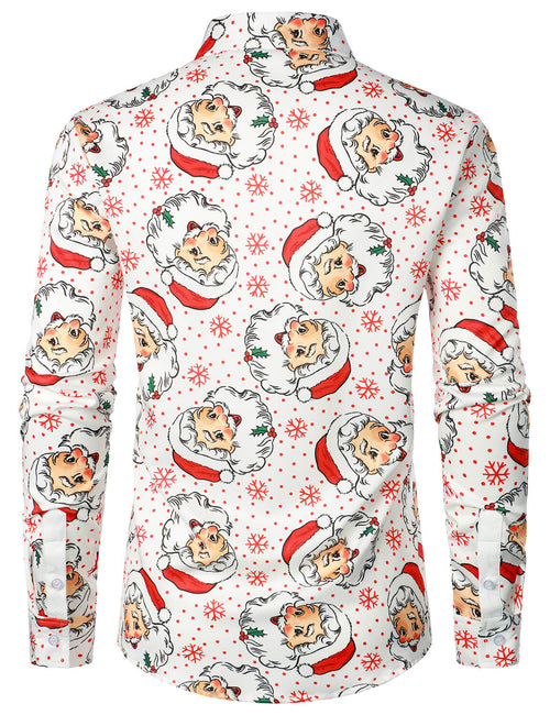 Men's Cute Santa Christmas Print Xmas Party Holiday Button White Long Sleeve Shirt
