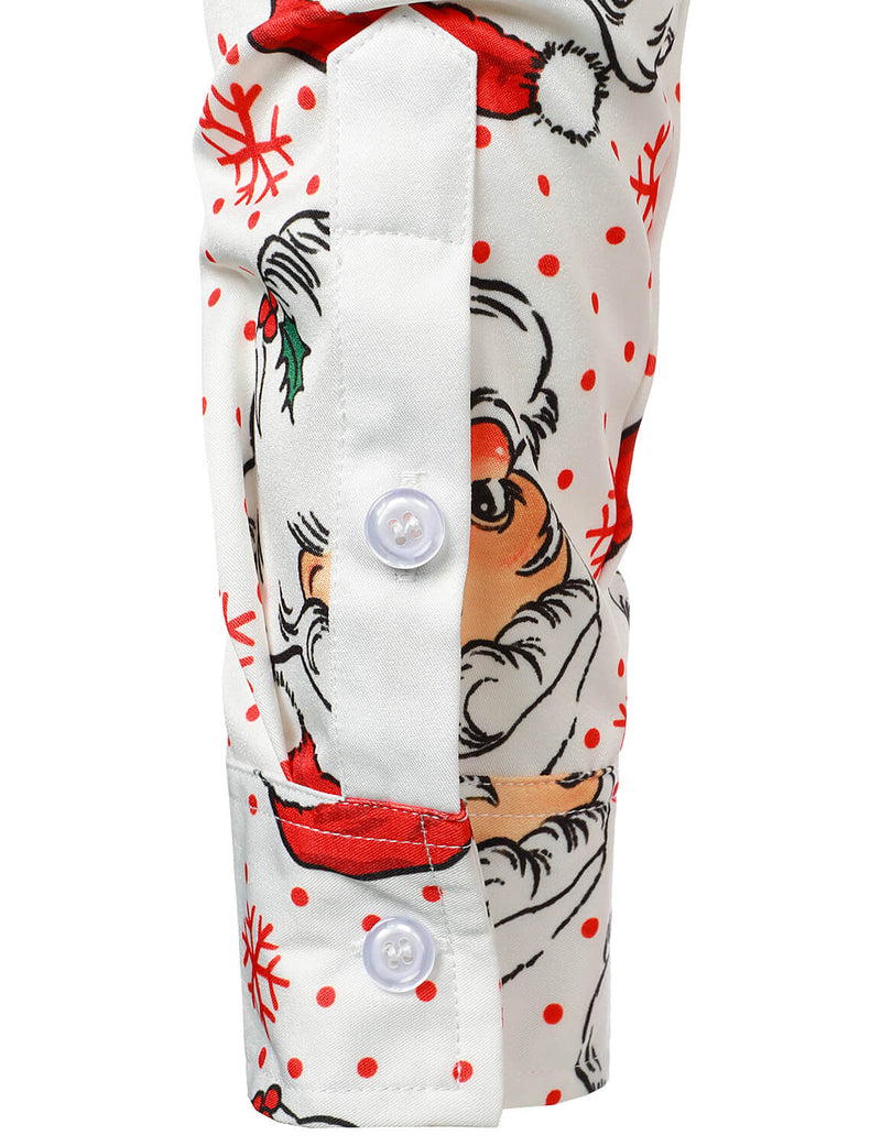 Men's Cute Santa Christmas Print Xmas Party Holiday Button White Long Sleeve Shirt