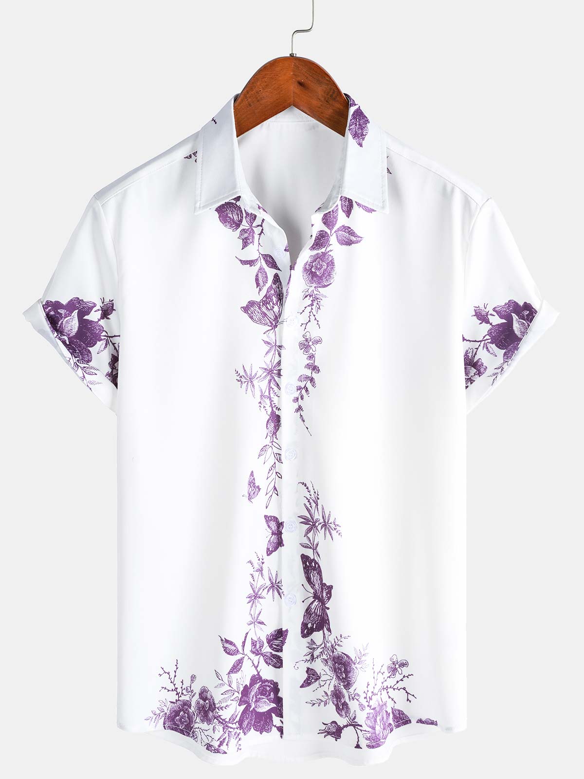 Men's Purple  Floral Print Hawaiian Button Up Summer Beach Casual Collar Short Sleeve Shirt