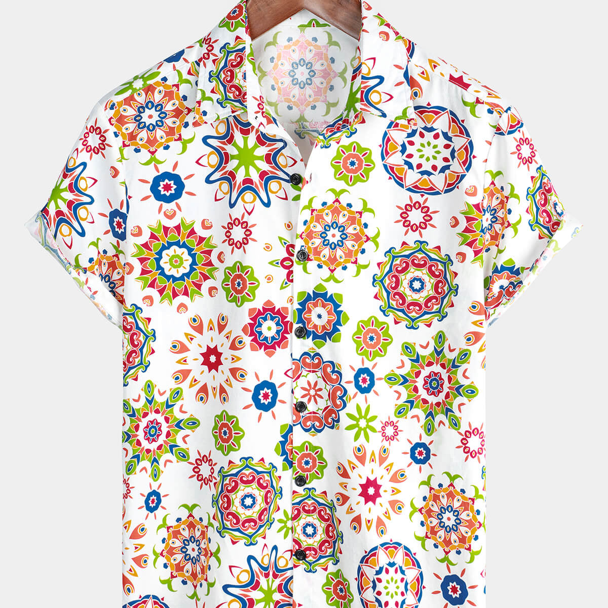 Men's Floral Print Cotton White Flower Button Short Sleeve Shirt