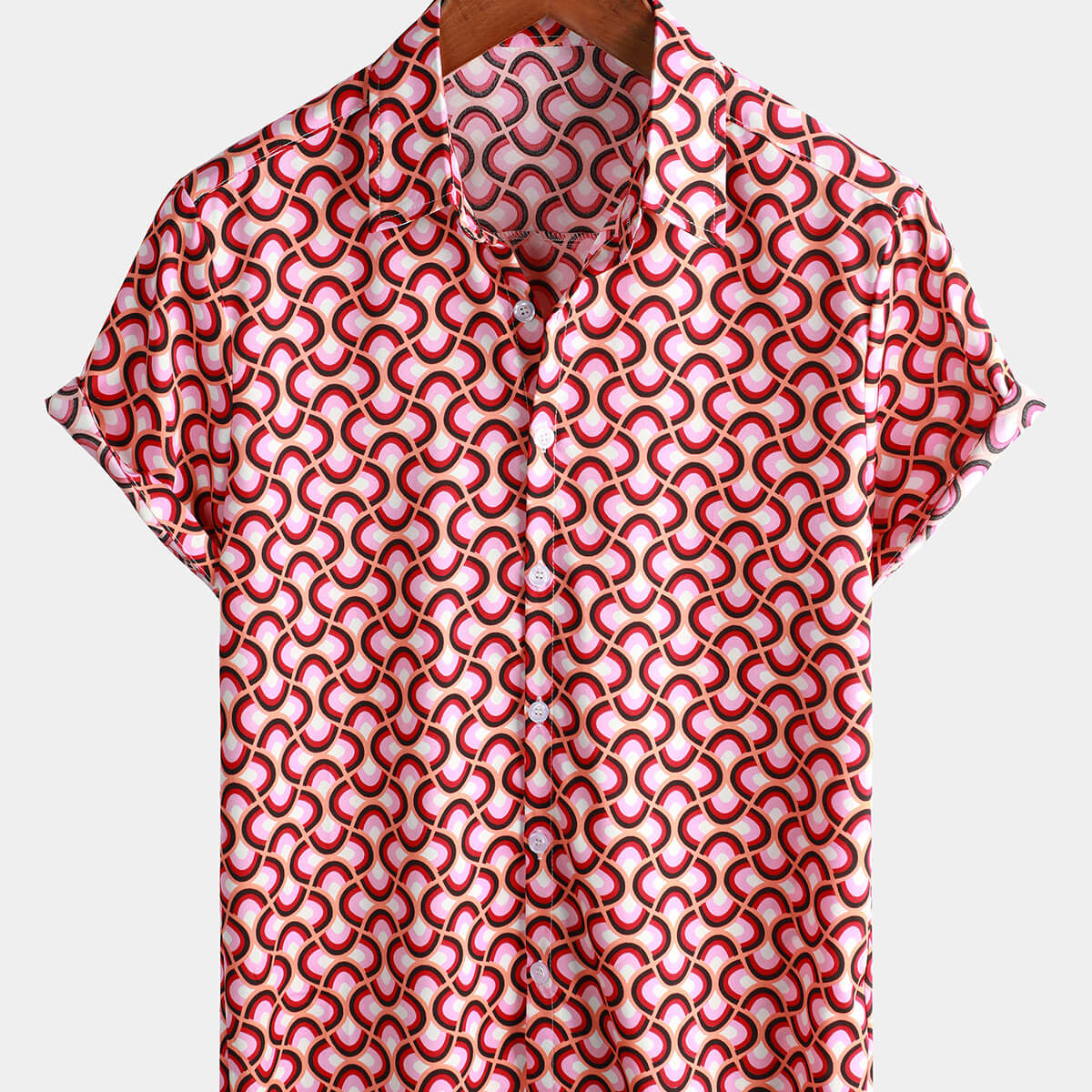 Men's Red Button Up Vintage Geometric Short Sleeve Shirt