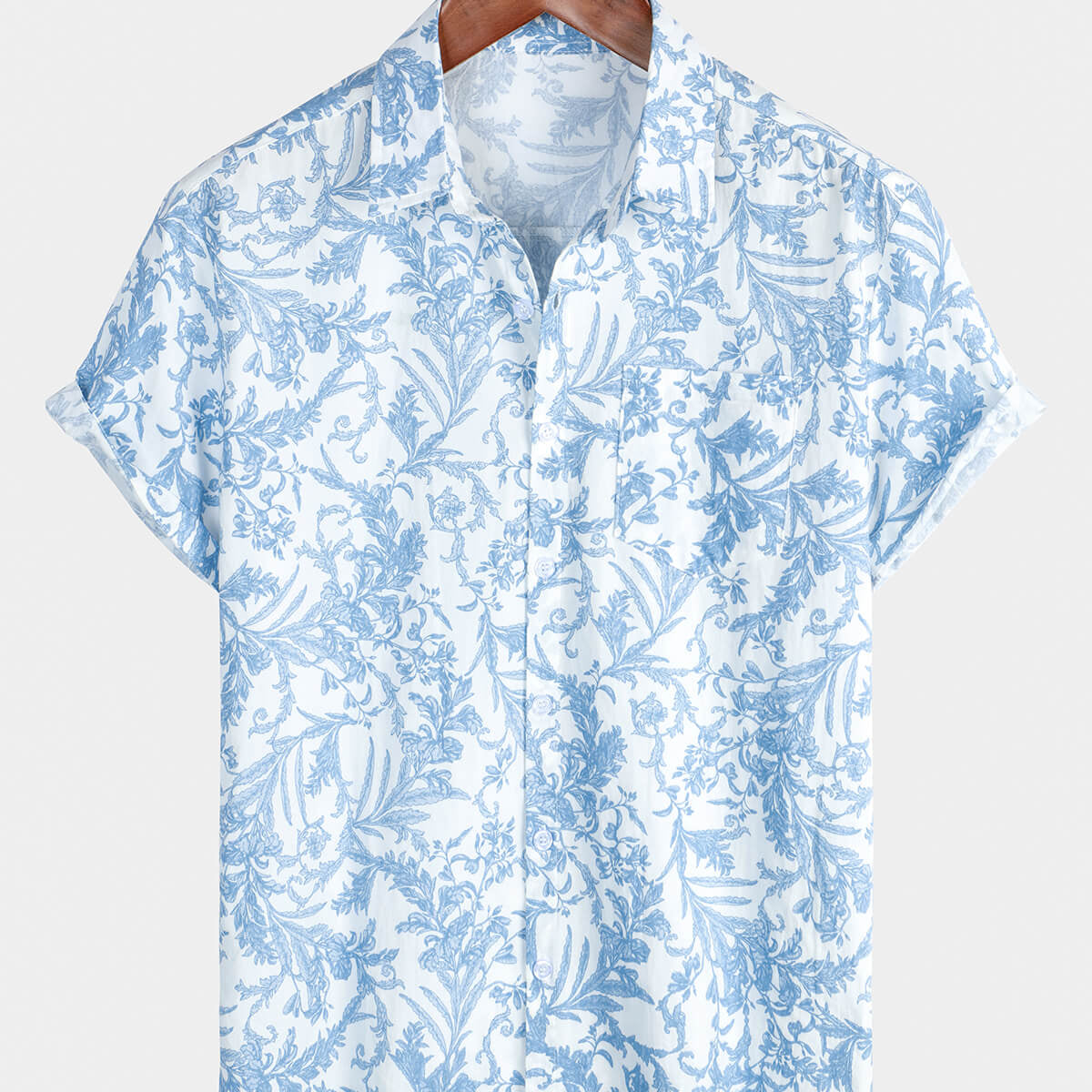 Men's Blue Tropical Hawaiian Summer Cotton Linen Short Sleeve Shirt