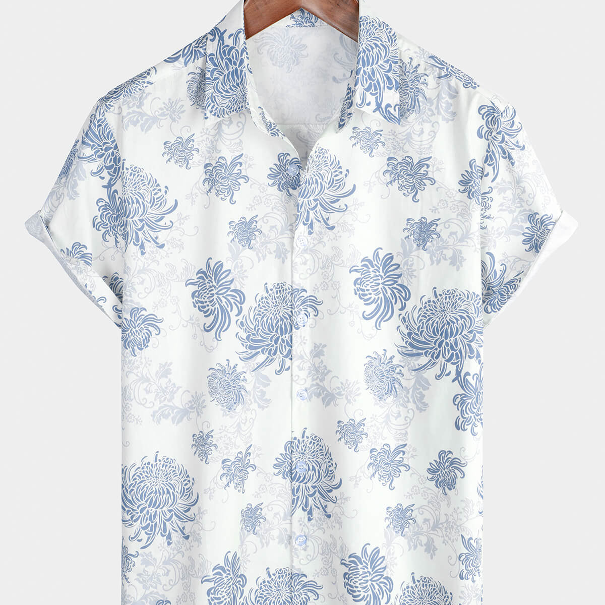 Men's White Floral Hawaiian Button Up Holiday Cotton Short Sleeve Shirt