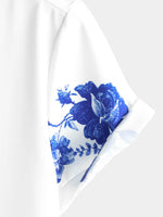 Men's Blue Floral Print Hawaiian Button Up Summer Beach Casual Collar Short Sleeve Shirt