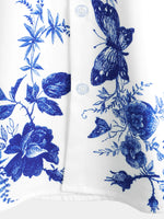Men's Blue Floral Print Hawaiian Button Up Summer Beach Casual Collar Short Sleeve Shirt