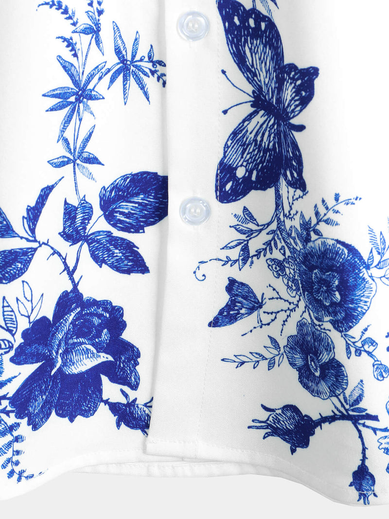 Men's Blue Floral Print Hawaiian Button Up Summer Beach Casual Collar Short Sleeve Shirt