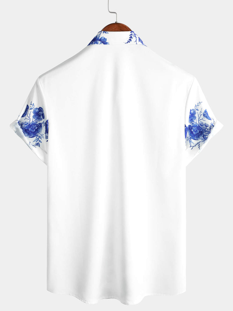 Men's Blue Floral Print Hawaiian Button Up Summer Beach Casual Collar Short Sleeve Shirt
