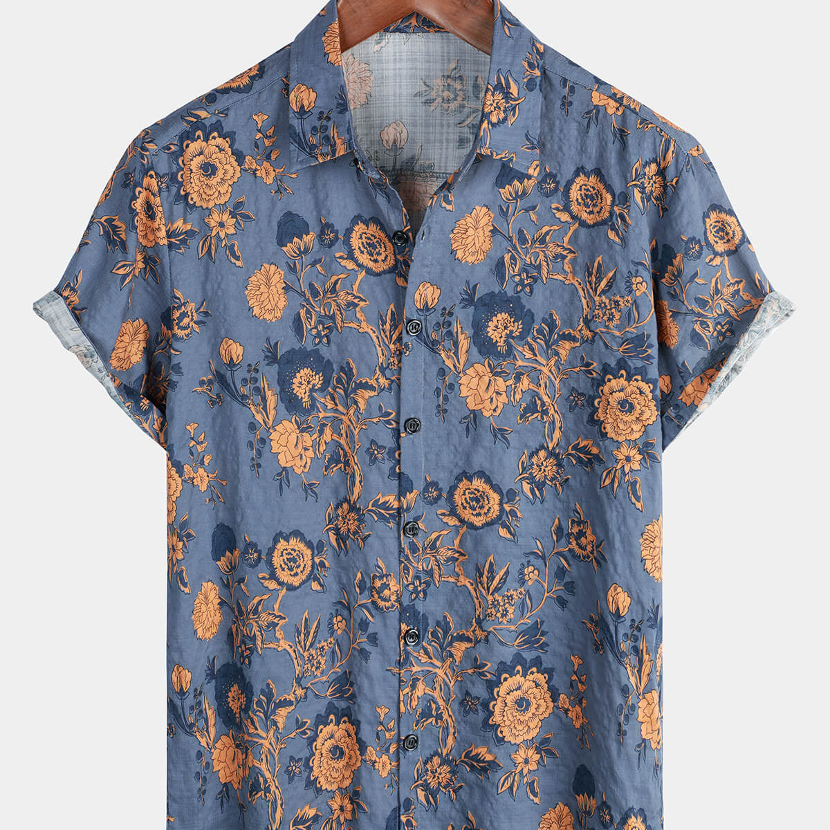 Men's Blue Floral Summer Cotton Hawaiian Button Up Shirt
