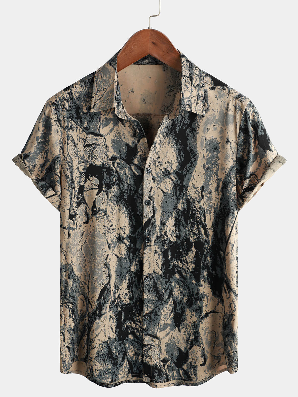 Men's Khaki Retro Art Print Casual Short Sleeve Button Up Shirt