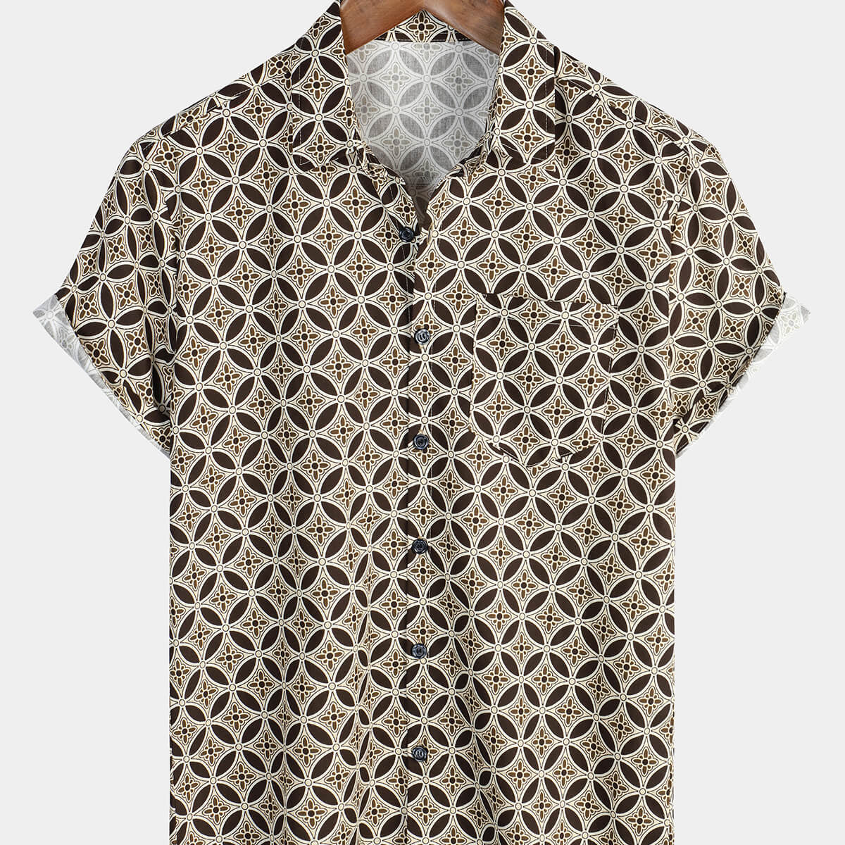 Men's Khaki Geometric Floral Pocket Short Sleeve Shirt
