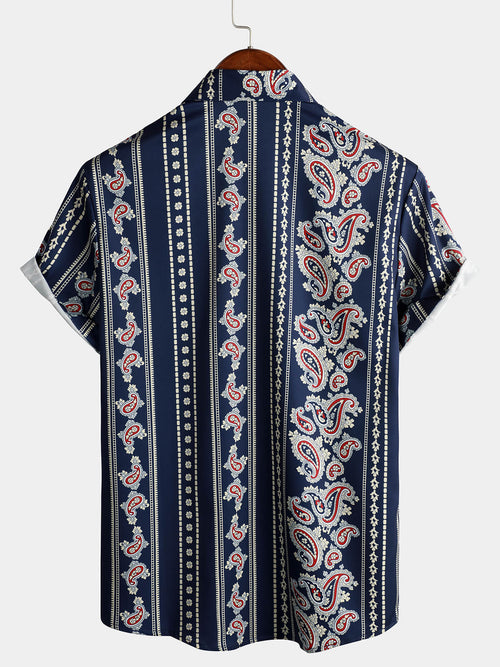 Men's Retro Paisley Navy Blue Striped Floral 70s Vintage Button Up Short Sleeve Shirt