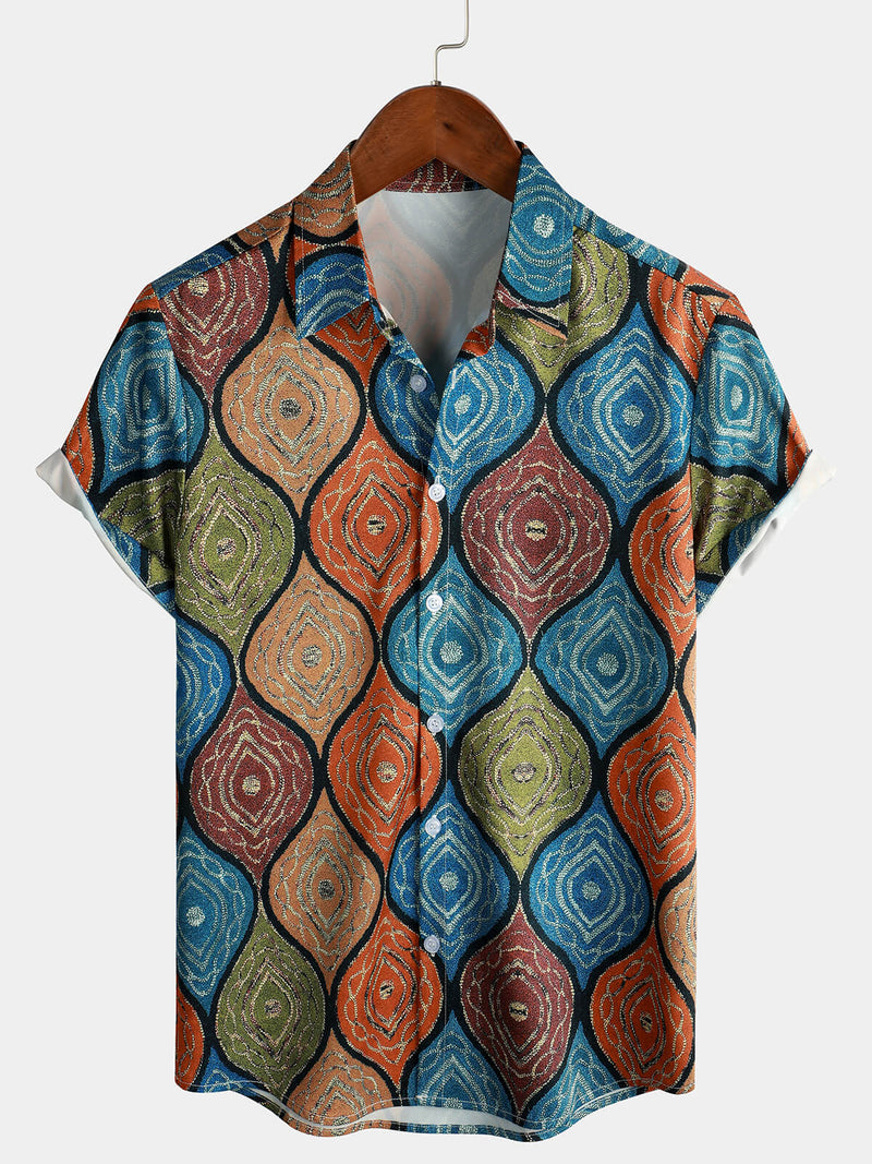 Men's Retro Print Button Up Summer Short Sleeve Casual Shirt