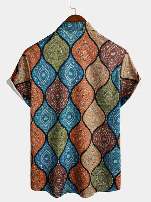 Men's Retro Print Button Up Summer Short Sleeve Casual Shirt