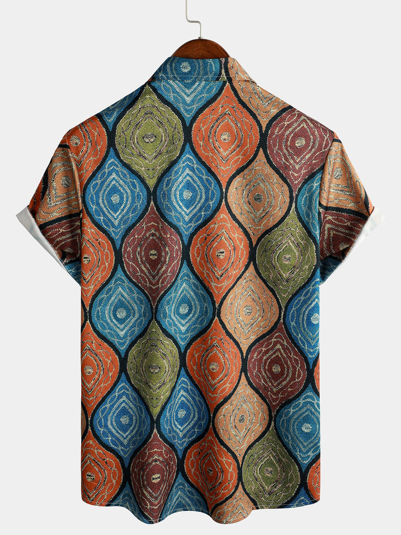 Men's Retro Print Button Up Summer Short Sleeve Casual Shirt