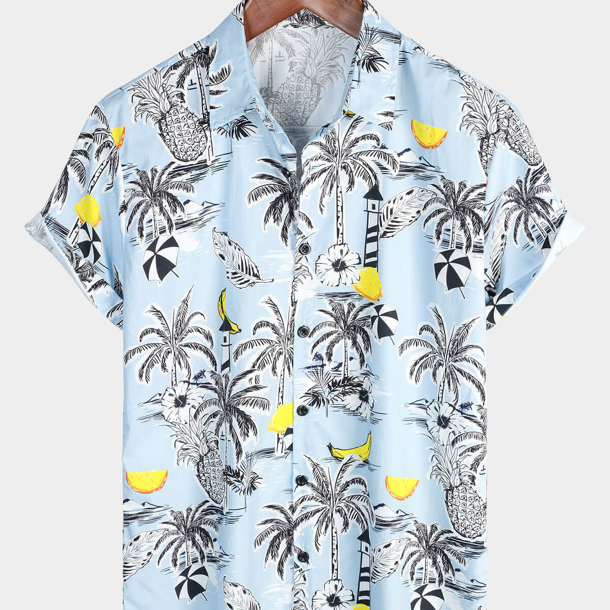 Men's Pineapple Cotton Fruit Tropical Button Up Beach Island Short Sleeve Light Blue Hawaiian Shirt