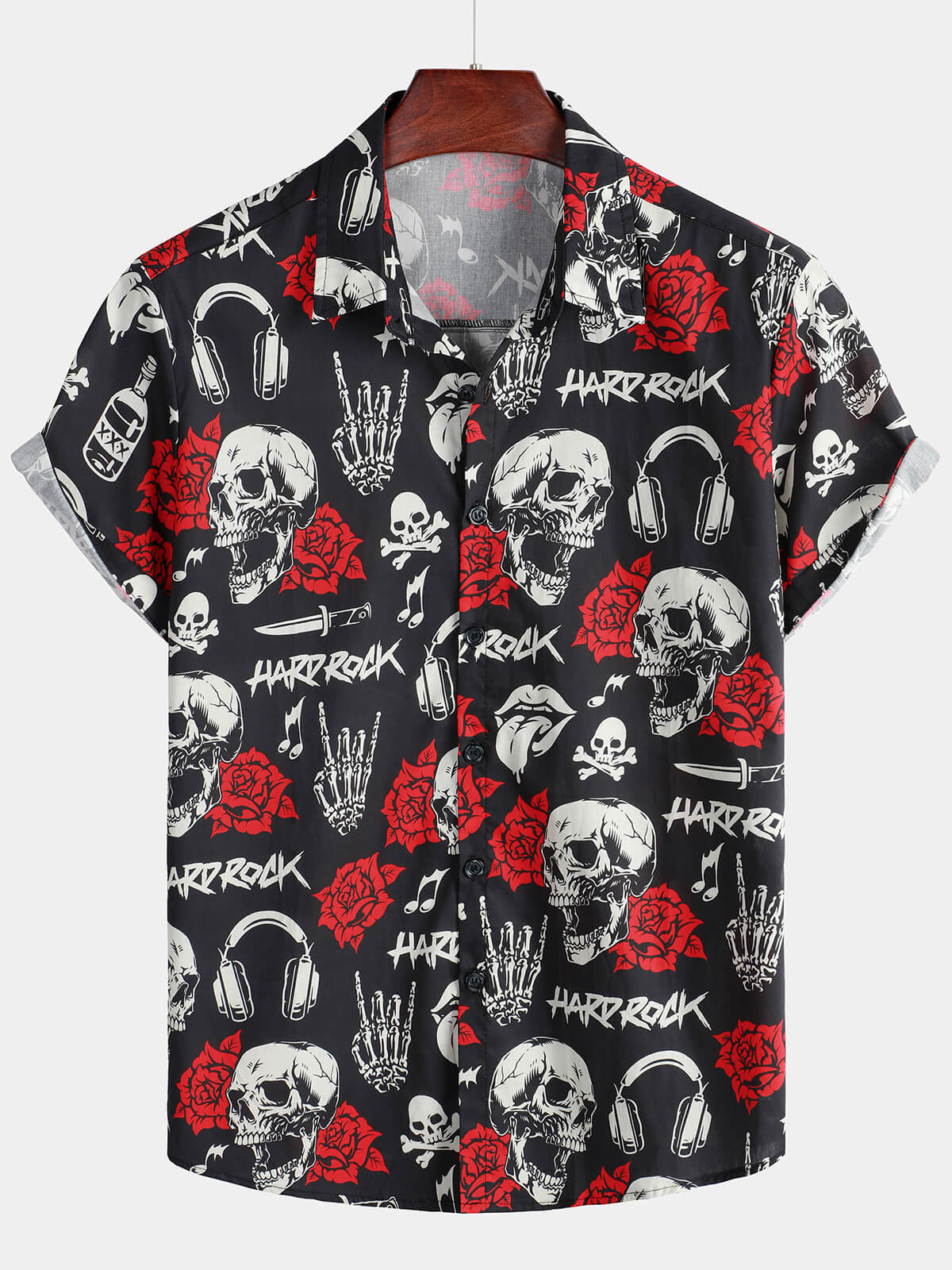Men's Skull Rose Floral Punk Rocker Cool Rock Music Short Sleeve Hawaiian Shirt