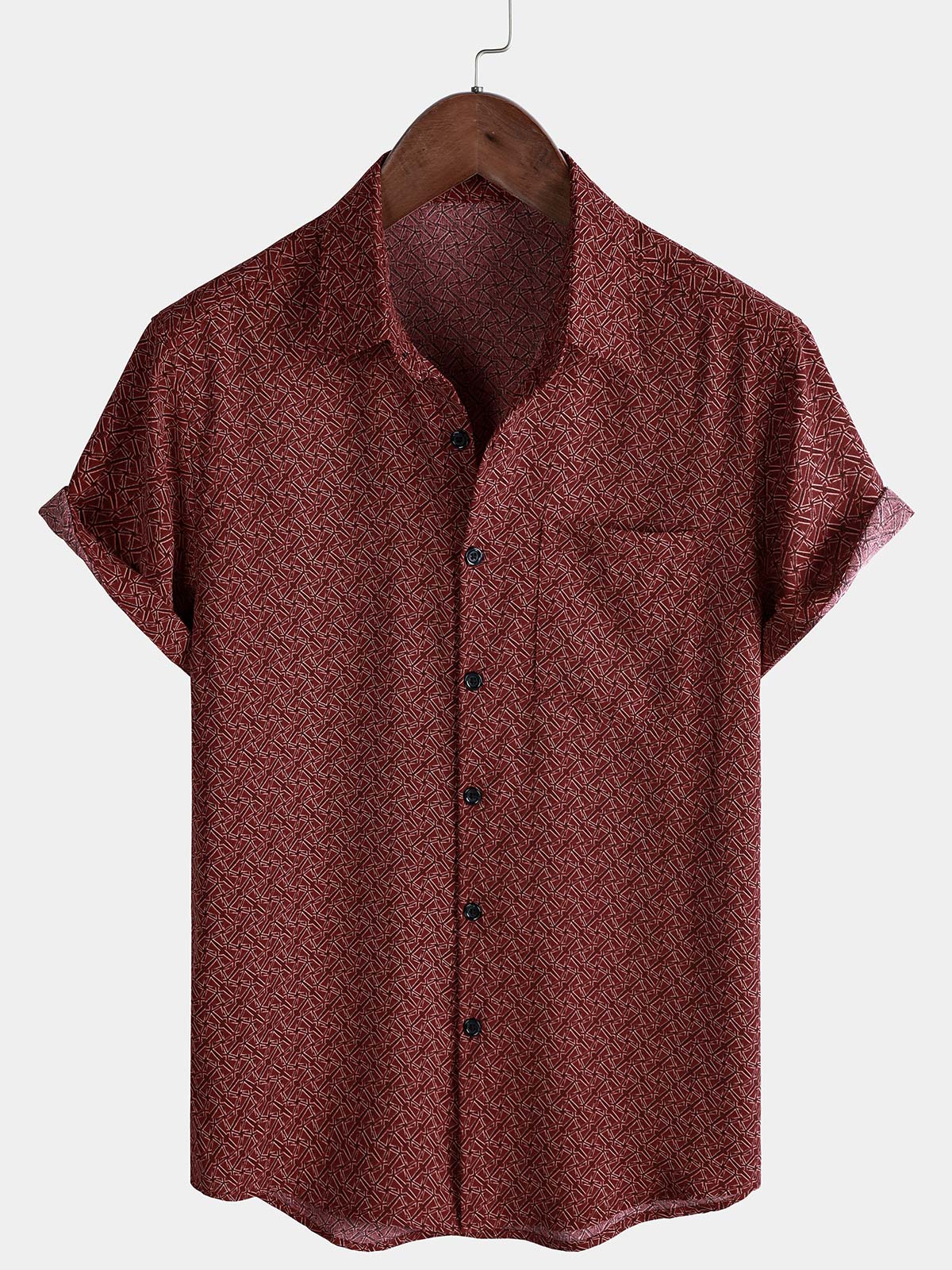 Men's Casual Red Geometric Print Holiday Pocket Short Sleeve Shirt
