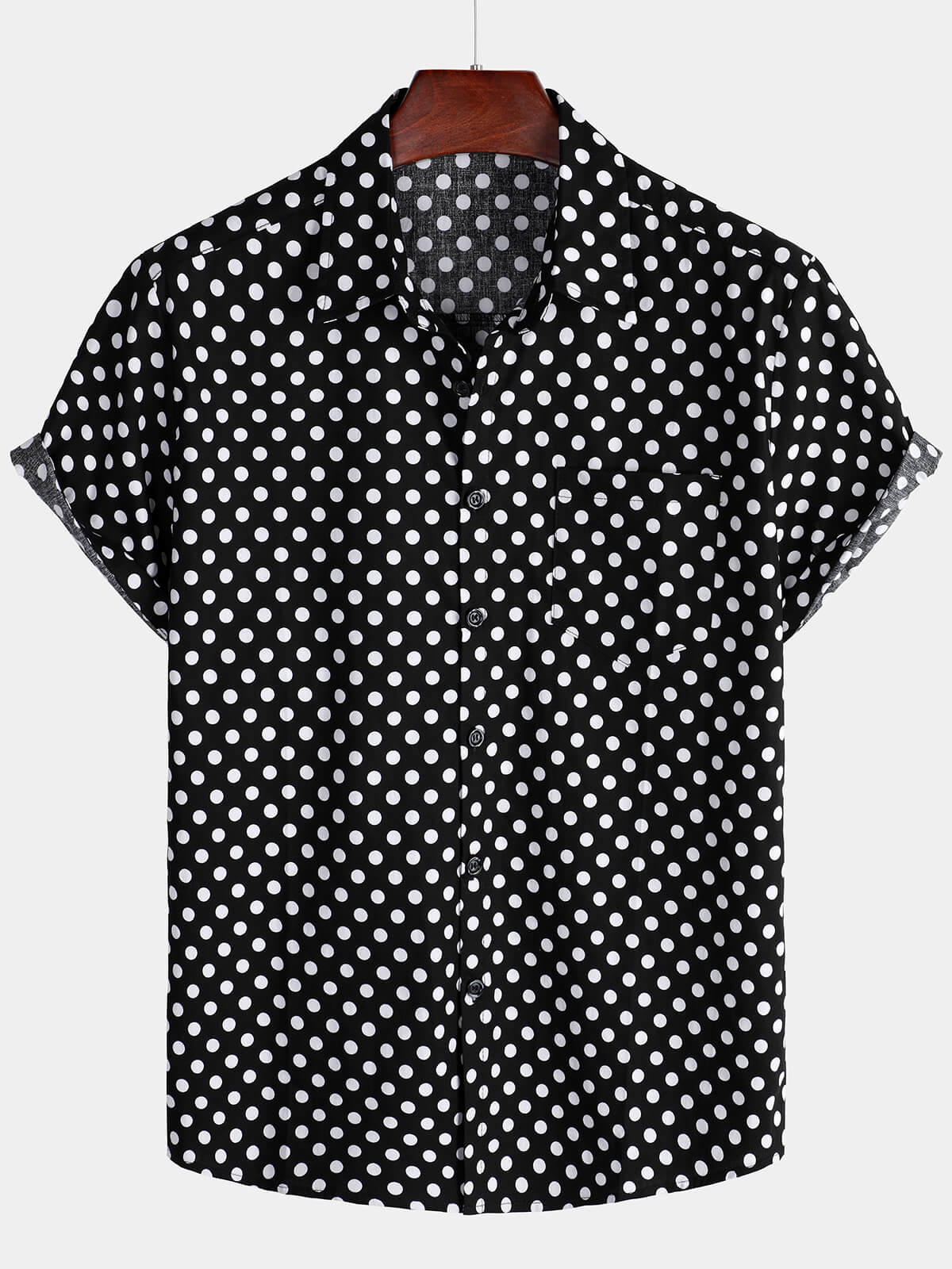 Men's Cotton Casual Polka Dot Summer Black Pocket Short Sleeve Shirt