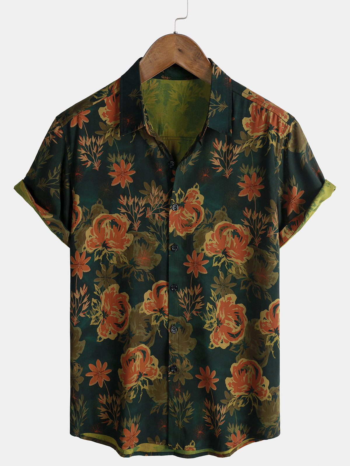 Men’s Summer Beach Vintage Dark Green Floral Casual Breathable Short Sleeve Shirt