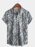 Men's Paisley Floral Cotton Vintage Grey Retro 70s Button Up Beach Summer Short Sleeve Shirt