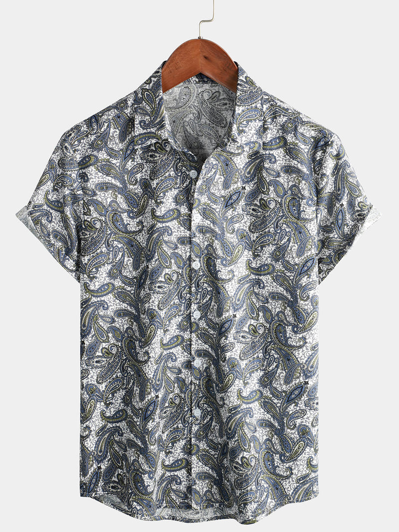 Men's Paisley Floral Cotton Vintage Grey Retro 70s Button Up Beach Summer Short Sleeve Shirt