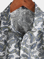 Men's Paisley Floral Cotton Vintage Grey Retro 70s Button Up Beach Summer Short Sleeve Shirt