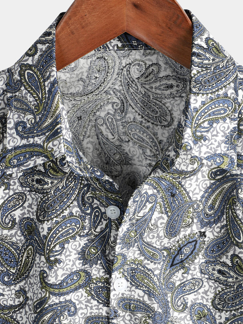 Men's Paisley Floral Cotton Vintage Grey Retro 70s Button Up Beach Summer Short Sleeve Shirt