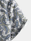 Men's Paisley Floral Cotton Vintage Grey Retro 70s Button Up Beach Summer Short Sleeve Shirt