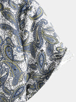 Men's Paisley Floral Cotton Vintage Grey Retro 70s Button Up Beach Summer Short Sleeve Shirt
