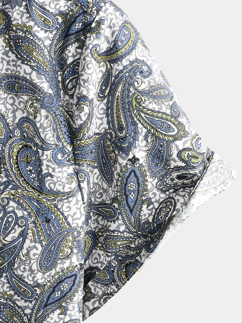 Men's Paisley Floral Cotton Vintage Grey Retro 70s Button Up Beach Summer Short Sleeve Shirt