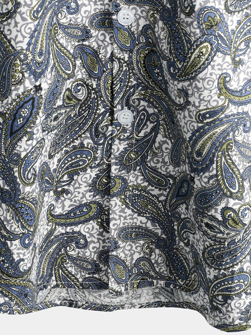 Men's Paisley Floral Cotton Vintage Grey Retro 70s Button Up Beach Summer Short Sleeve Shirt