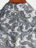 Men's Paisley Floral Cotton Vintage Grey Retro 70s Button Up Beach Summer Short Sleeve Shirt
