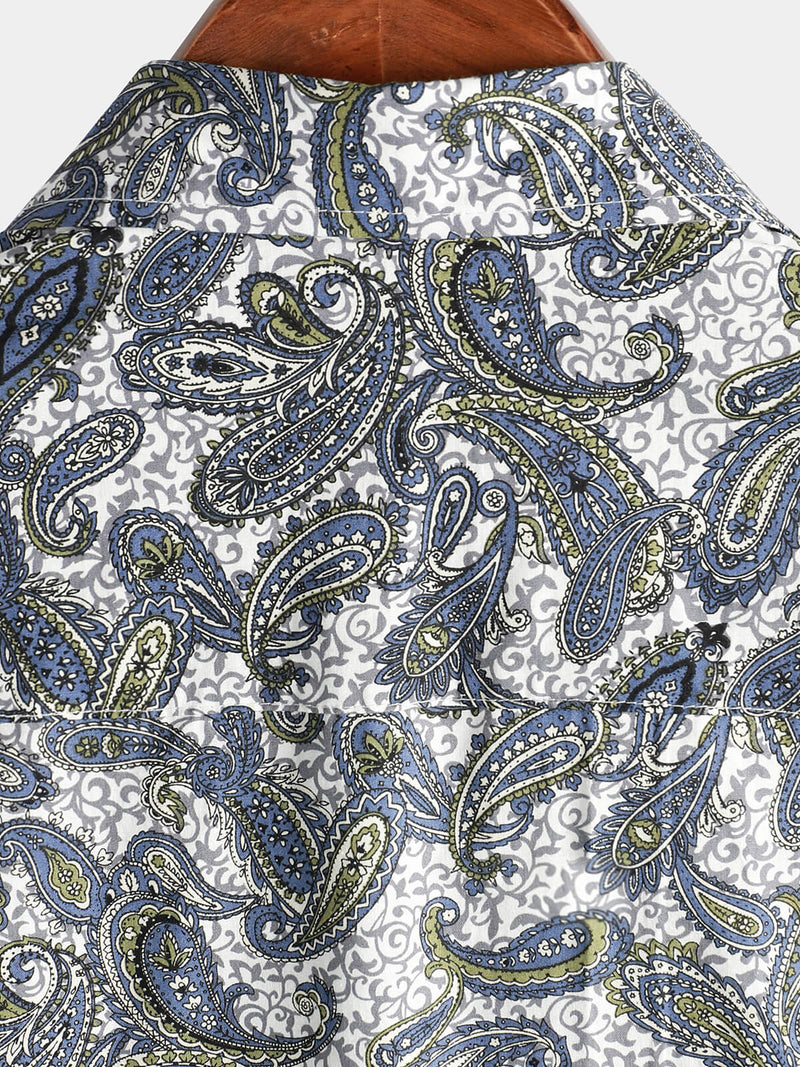 Men's Paisley Floral Cotton Vintage Grey Retro 70s Button Up Beach Summer Short Sleeve Shirt