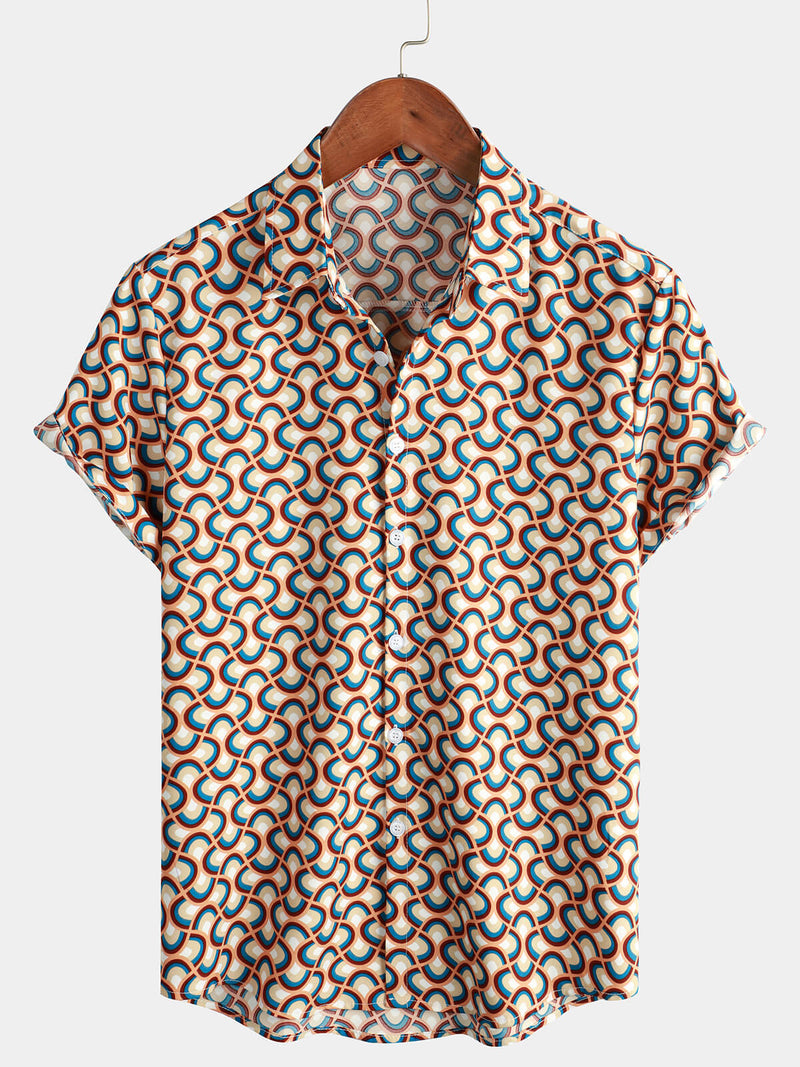Men's Retro Button Up Vintage Geometric Circle Cool Summer Beach Short Sleeve Shirt
