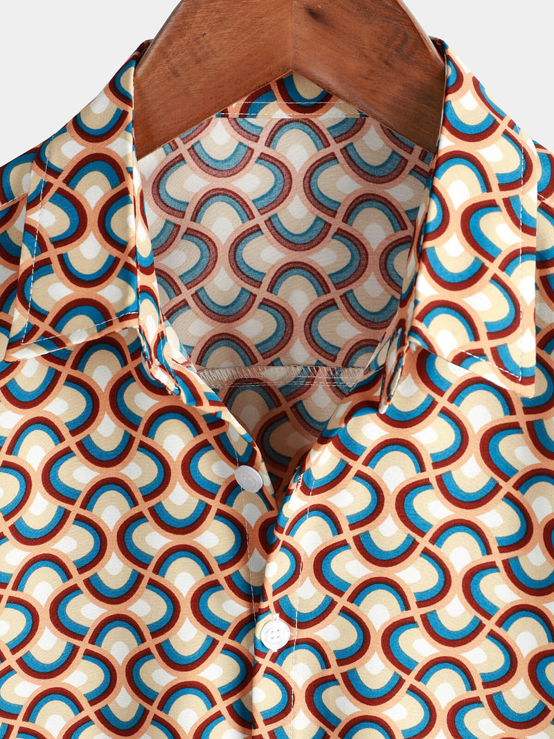 Men's Retro Button Up Vintage Geometric Circle Cool Summer Beach Short Sleeve Shirt